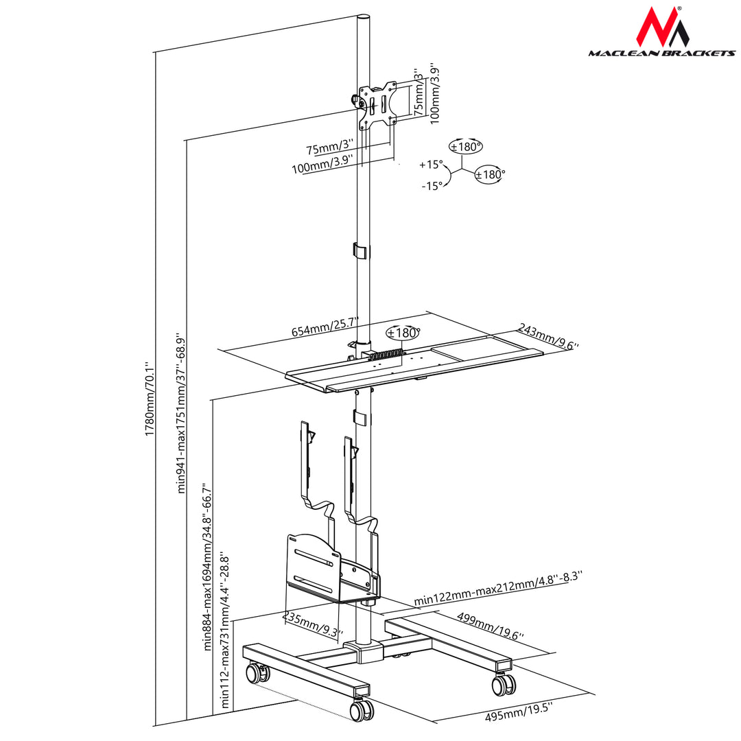 Maclean MC-793 Staande Computer Werkstation Trolley Monitor Tv Houder Toetsenbord Lade CPU houder Castors