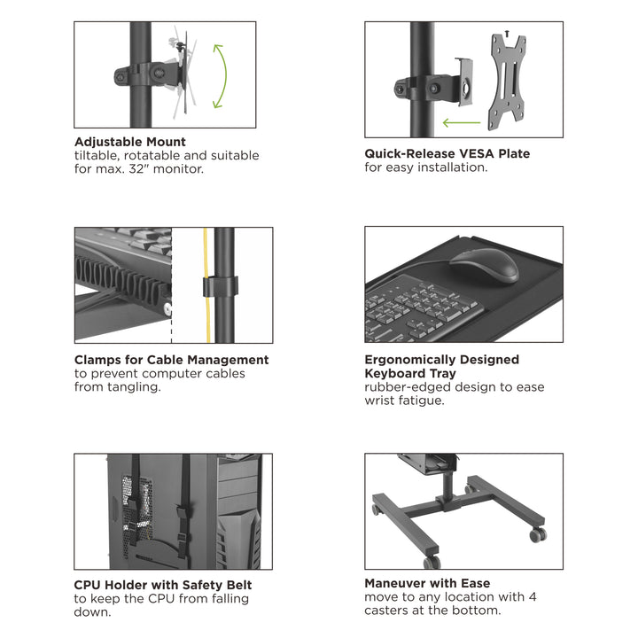 Maclean MC-793 Staande Computer Werkstation Trolley Monitor Tv Houder Toetsenbord Lade CPU houder Castors