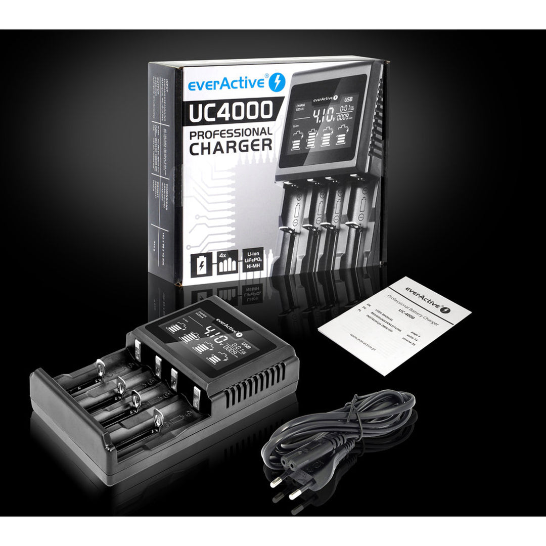 Charger for cylindrical Li-ion and Ni-MH everActive UC-4000 rechargeable batteries