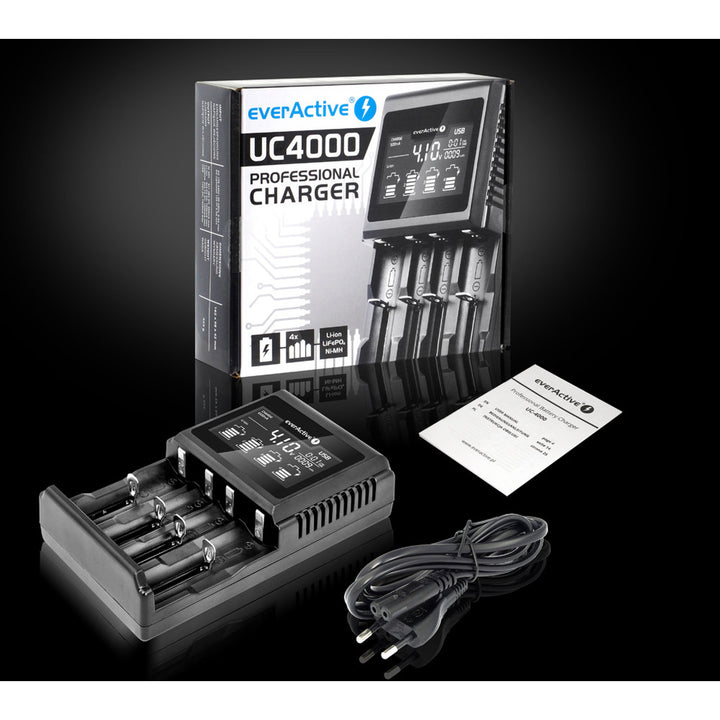 Charger for cylindrical Li-ion and Ni-MH everActive UC-4000 rechargeable batteries
