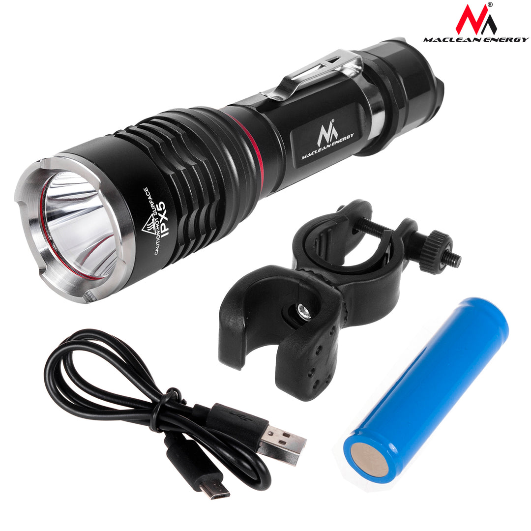 Maclean Flashlight USB Charging Cable LED Torch + Charger + Bicycle Holder Set 10W