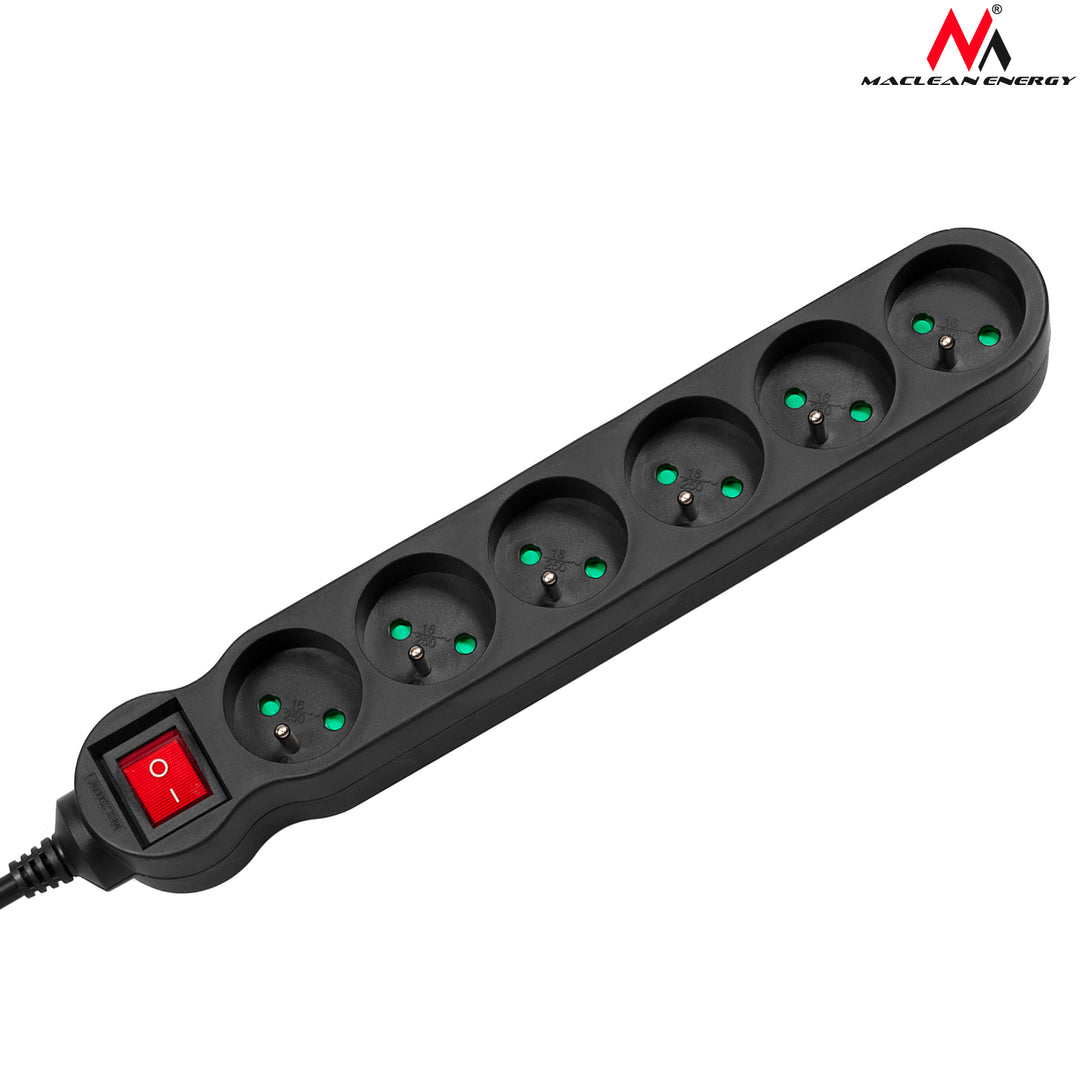 Cordon d'extension pour cordon d'alimentation 6 prises avec bouchons noirs 1,5m Maclean Energy MCE225 protection contre dépassement 2300W