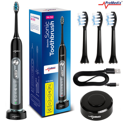 Promedix PR-750 B Elettrico Sonico ToothbrushIPX7 Nero, Case Da Viaggio, 5 Modalità di funzionamento, timer, 3 livelli di potenza, 3 Cappotti scambiabili