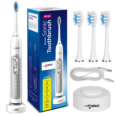 Sonic Electric cepillo de dientes Promedix PR-750 W IPX7 negro, caso de viaje, 5 modos, temporizador, 3 niveles de potencia, 3 cabezas