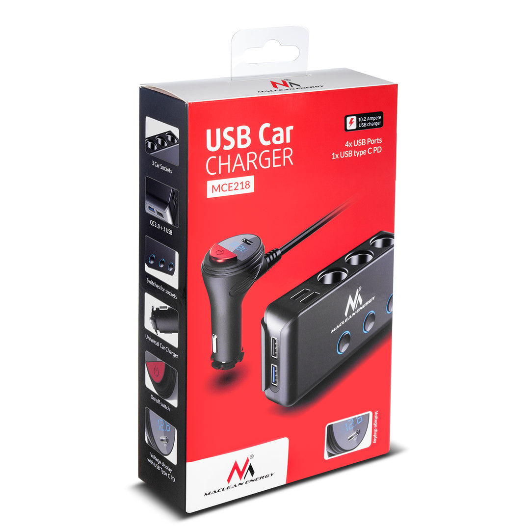 Maclean MCE218 USB-Autoladegerät – 3 Autosteckdosen, 1 x Quick Charge 3.0, 3 x USB 6,8 A, 1 x Stromversorgung 18 W, max. 120 W