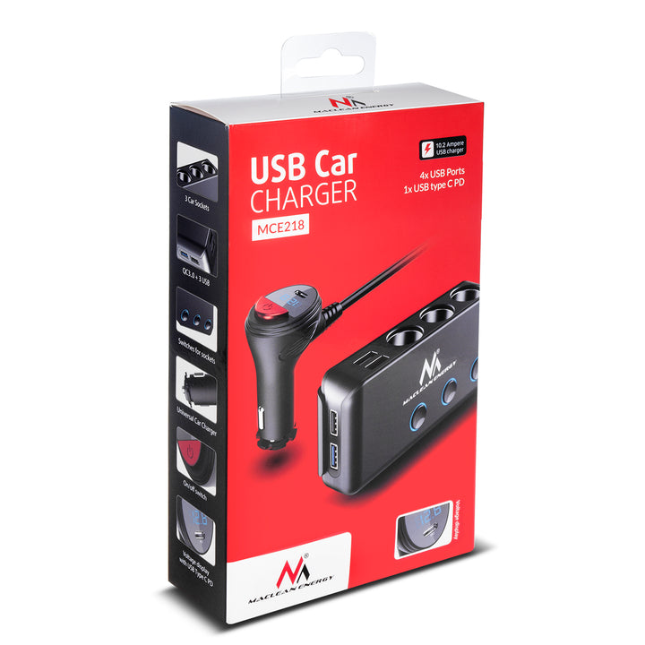 Maclean MCE218 USB-autolader - 3 auto-aansluitingen 1xQuick Charge 3.0, 3xUSB 6.8A, 1x stroomvoorziening 18W, max. 120W