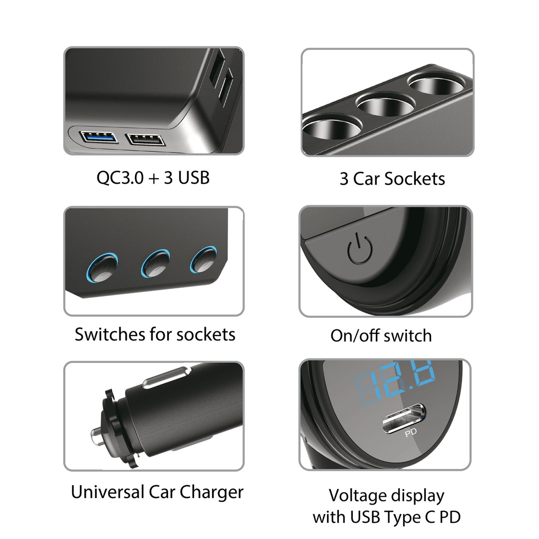 Maclean MCE218 USB-Autoladegerät – 3 Autosteckdosen, 1 x Quick Charge 3.0, 3 x USB 6,8 A, 1 x Stromversorgung 18 W, max. 120 W