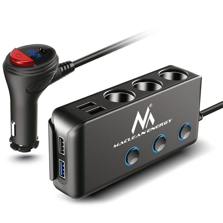 Maclean MCE218 USB-Autoladegerät – 3 Autosteckdosen, 1 x Quick Charge 3.0, 3 x USB 6,8 A, 1 x Stromversorgung 18 W, max. 120 W