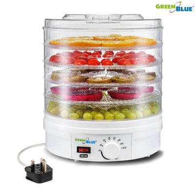 GreenBlue GB190 Food Dehydrator 5 Trays 250W UK Plug Einstellbare Temperaturregelung 35-70 °C Effiziente Fruchtpilze Fleisch Gemüse