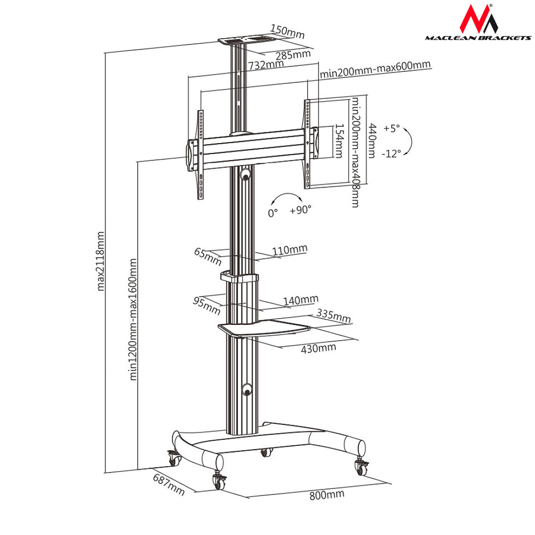 Maclean MC-801 profesional soporte tipo carretilla para TV LCD  máx. 70", máx. 50 kg, máx. VESA 600x400 Altura ajustable