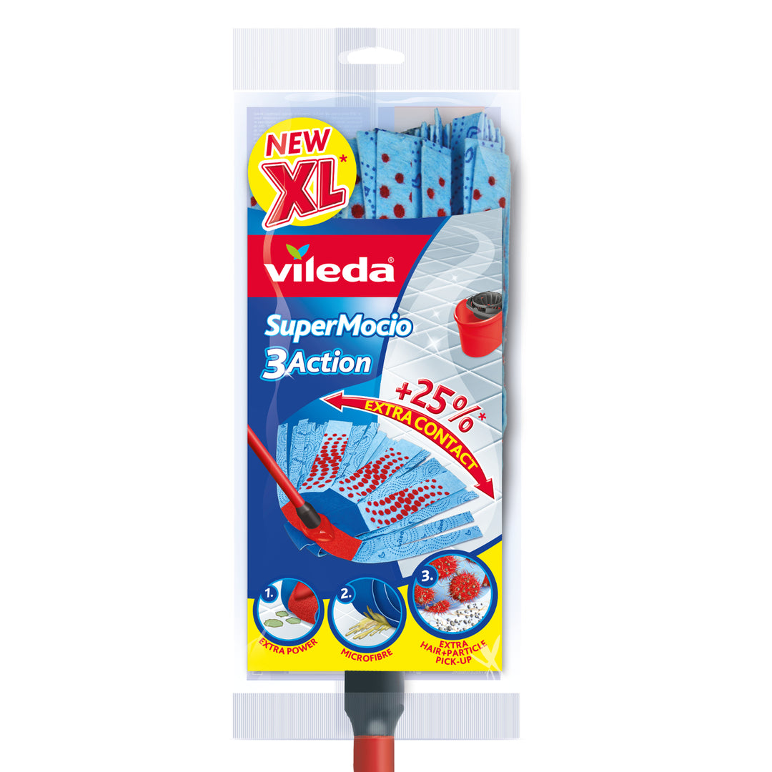 Vileda 140008 SuperMocio 3 Action XL Mop mit Pole, 25% Mehr Stockwerk Kontakt