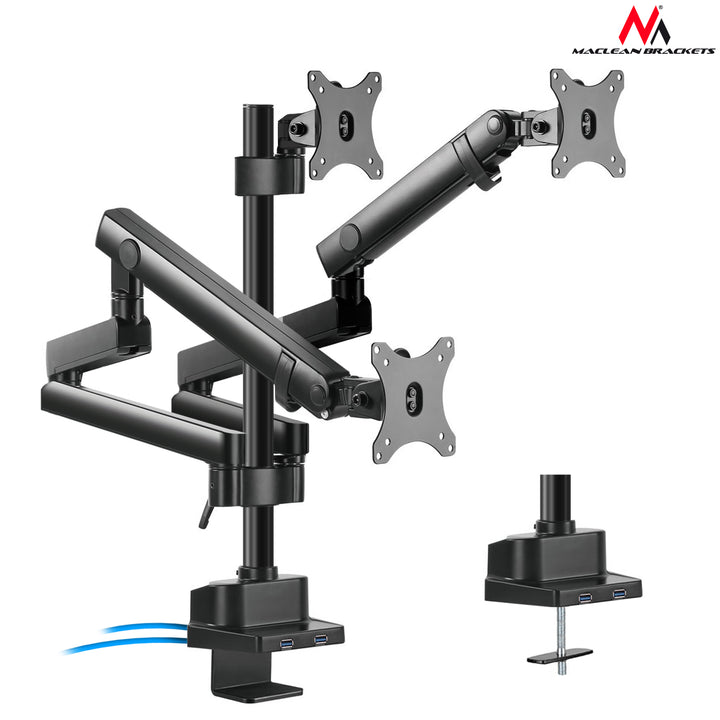 Maclean MC-811 Monitor Bracket Desk Mount Holder For 3 LCD LED Monitors USB 17'' - 27" 3 x 7kg VESA