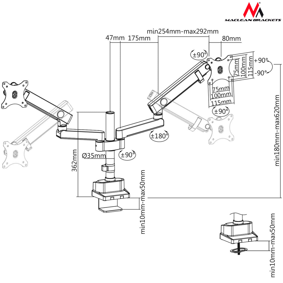 Maclean MC-812 Dual Monitor Bracket Desk Mount Holder For 2 LCD LED Monitors 17''-32 " 8kg Vesa