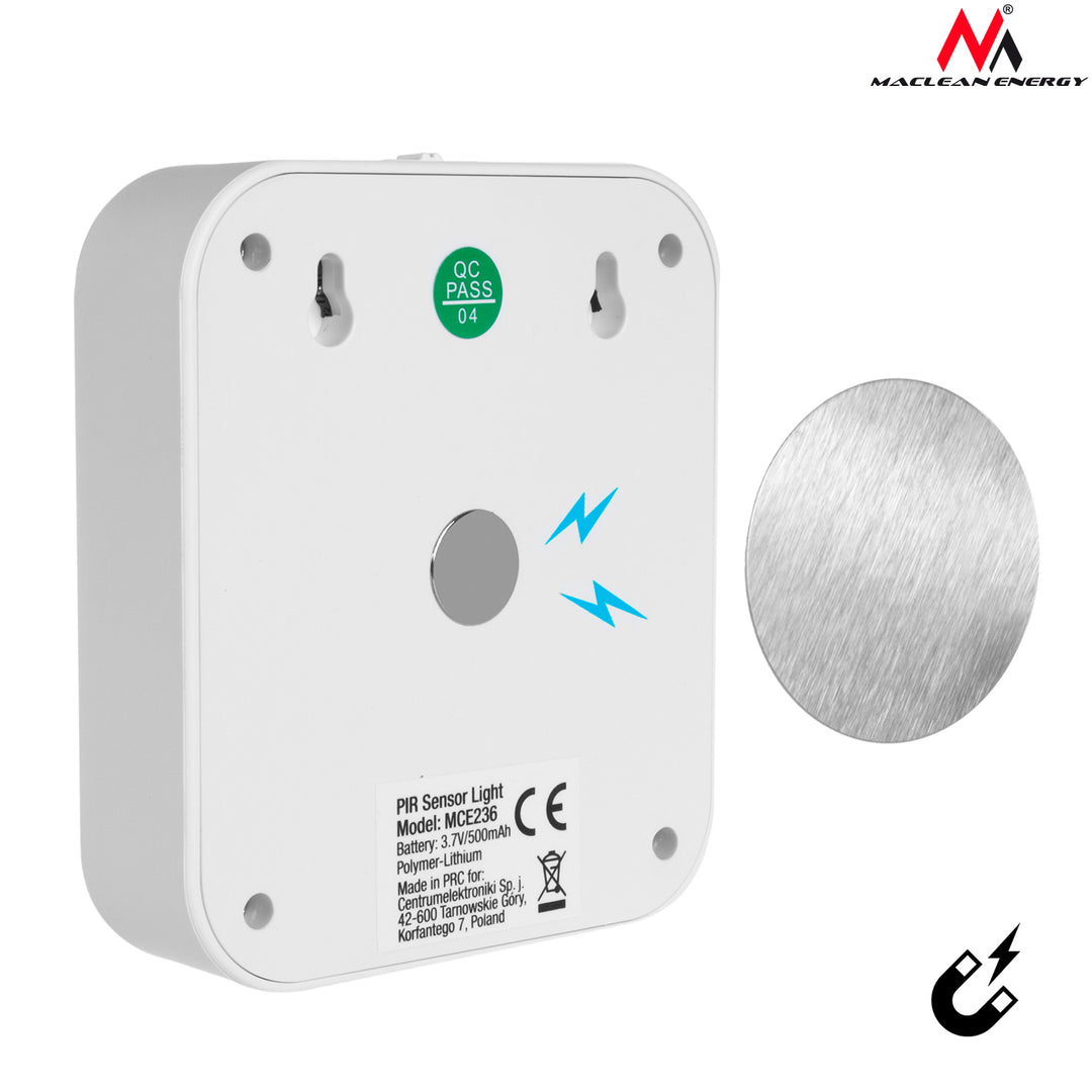 Lámpara portátil Maclean MCE236 de escalera LED con sensor de movimiento y atardecer, imán, gancho, temperatura 4000K, rango 3-4m, batería/acumulador 3.7V / 500mAh alimentada por USB, 4 LED SMD2835