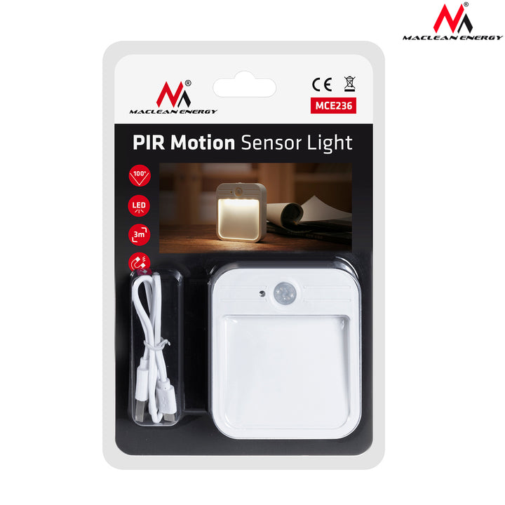 Maclean MCE236 LED Lamp Motion Twilight Sensor Stair Lamp Magnet Hook Range 3-4m Battery 3.7V / 500mAh, 4 LED