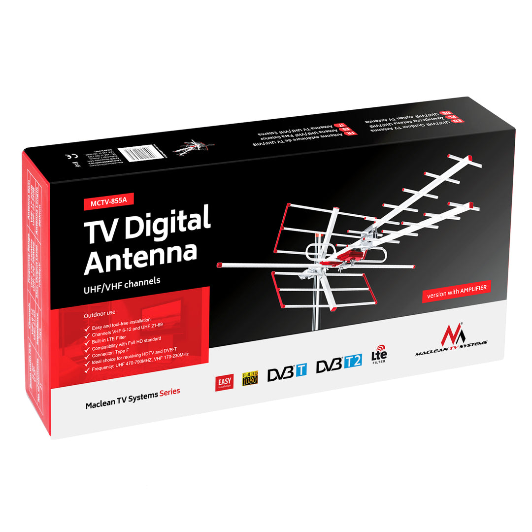 Antena externa TV DVB-T2 HEVC Combo UHF VHF activo máx. 100dBμV filtro Lte Maclean MCTV-855