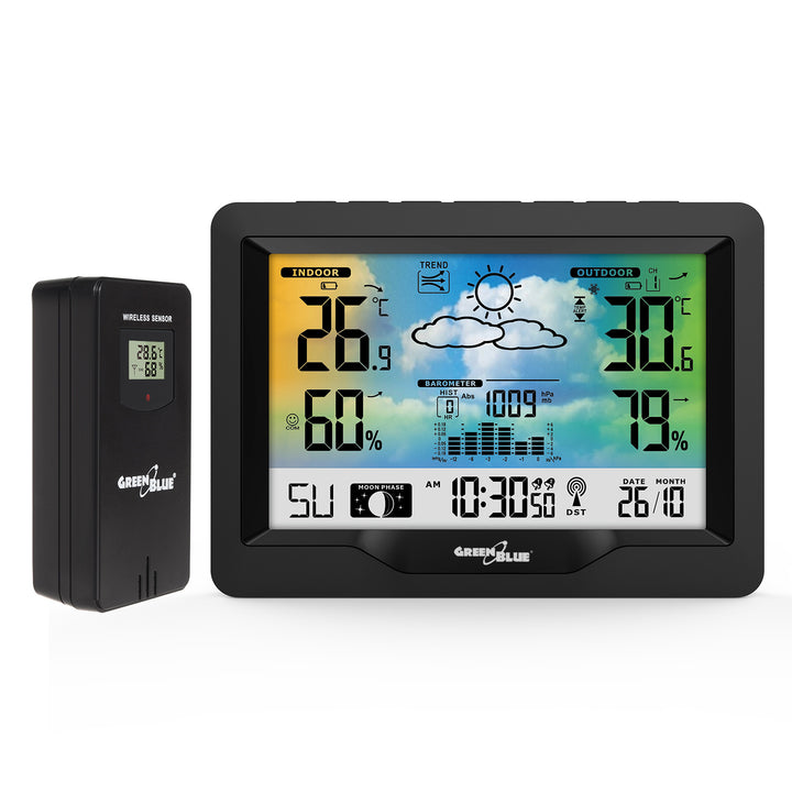 GreenBlue GB540 LCD Station météo sans fil DCF grand écran Phases de lune baromètre calendrier moderne