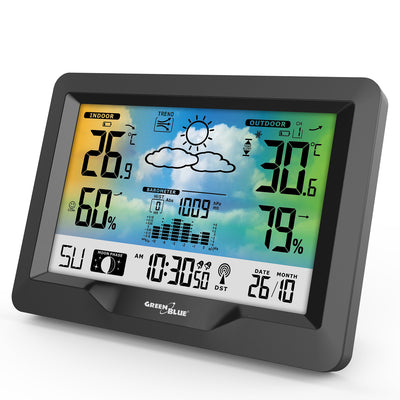 GreenBlue GB540 LCD-Funkwetterstation, DCF, großes Display, Mondphasen, Barometer, Kalender, modern