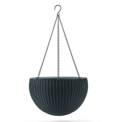 Keter 229545 Sphere Hanging Flower Pot Basket Bowl with Chain Planter Rattan Style Graphite