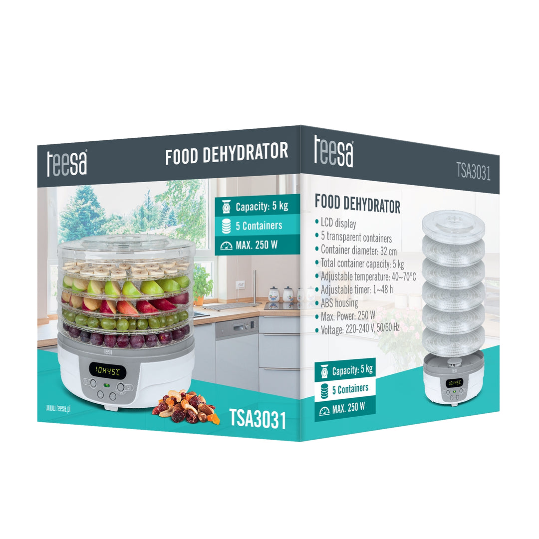 Teesa TSA3031 Elektrische Lebensmittel Dehydrator Pilz Frucht Trockner 5 Schalen LED Anzeige Timer 250W