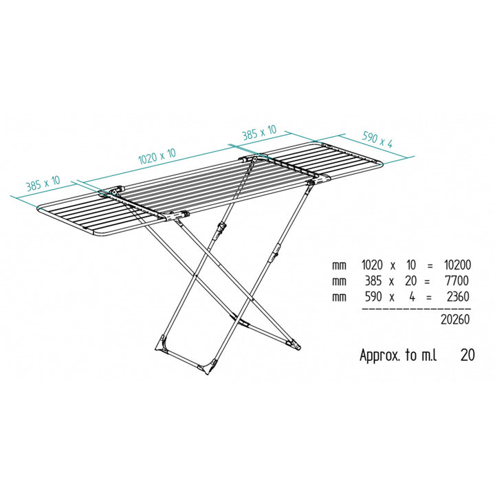 endedero Extensible de Acero y Aluminio, Espacio de Tendido de 11 hasta 20m, Soporte para Artículos Pequeños, Dimensiones Abierto, color Blanco, 110-187 x 61 x 94 cm