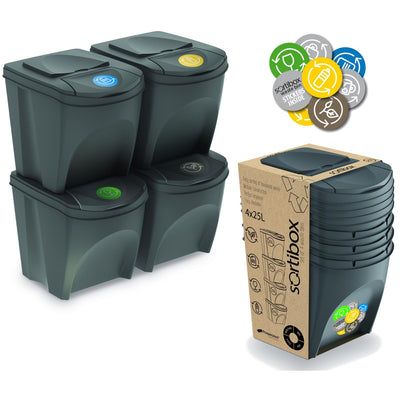 Prosperplast IKWB20S4-405U Sortierabfallbehälter-Set, Recycling-Trennbehälter, umweltfreundlich, stapelbar, 4 x 20 l