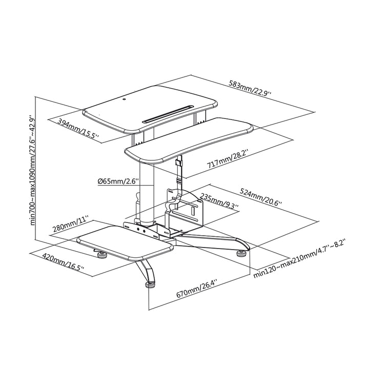 Maclean MC-848Sitz- und Steharbeitsplatz für PC und Laptop, 70 cm – 109 cm, Gasfeder-Höhenverstellung