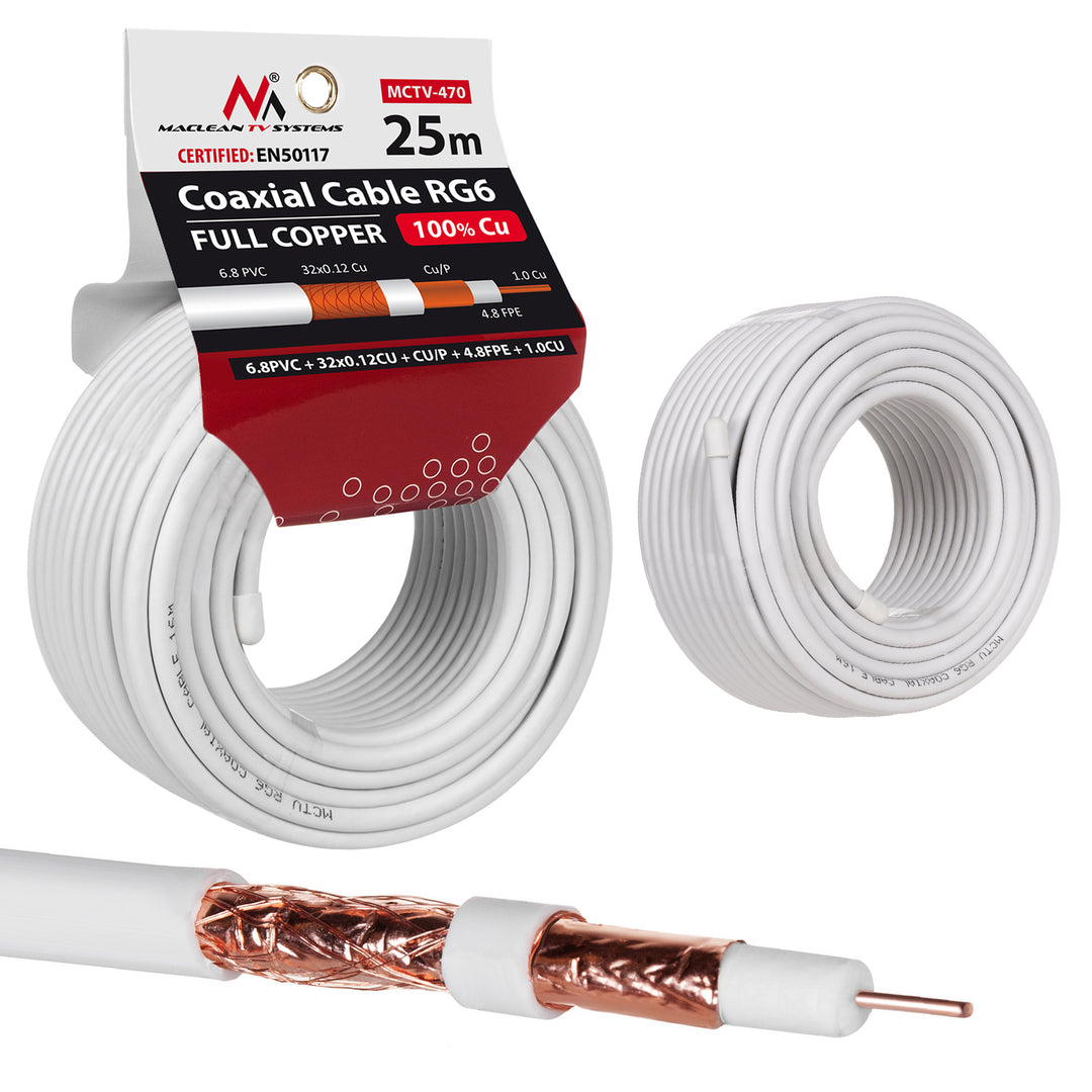 Maclean MCTV-470 RG6 coaxiale kabel 25m 1.02CU,4.8FPE,CU,P,32*0.12CU aan 6.8PVC