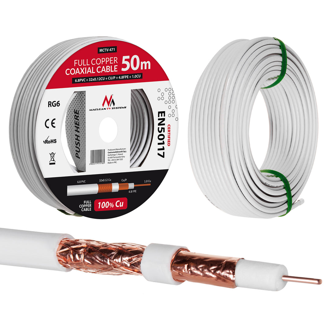 Maclean MCTV-471 Kabel coaxkabel RG6 50M 1.02CU + 4.8FPE + CU / P + 32 * 0.12CU + 6.8PVC