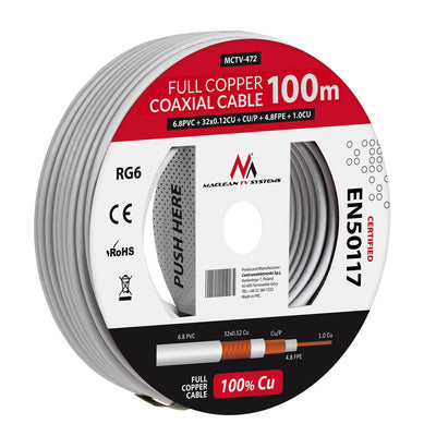 Maclean MCTV-470/1/2 Cable Coaxial Full Cobre RG6 25/50/100M 1,02CU + 4,8FPE + CU/P + 32 * 0,12CU + 6,8PVC