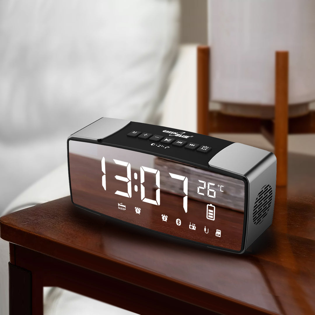 Radiosveglia Bluetooth 4.2, FM, aux-in, 6W, temperatura, sveglia, orologio, batteria GreenBlue GB200 da 2200 mAh