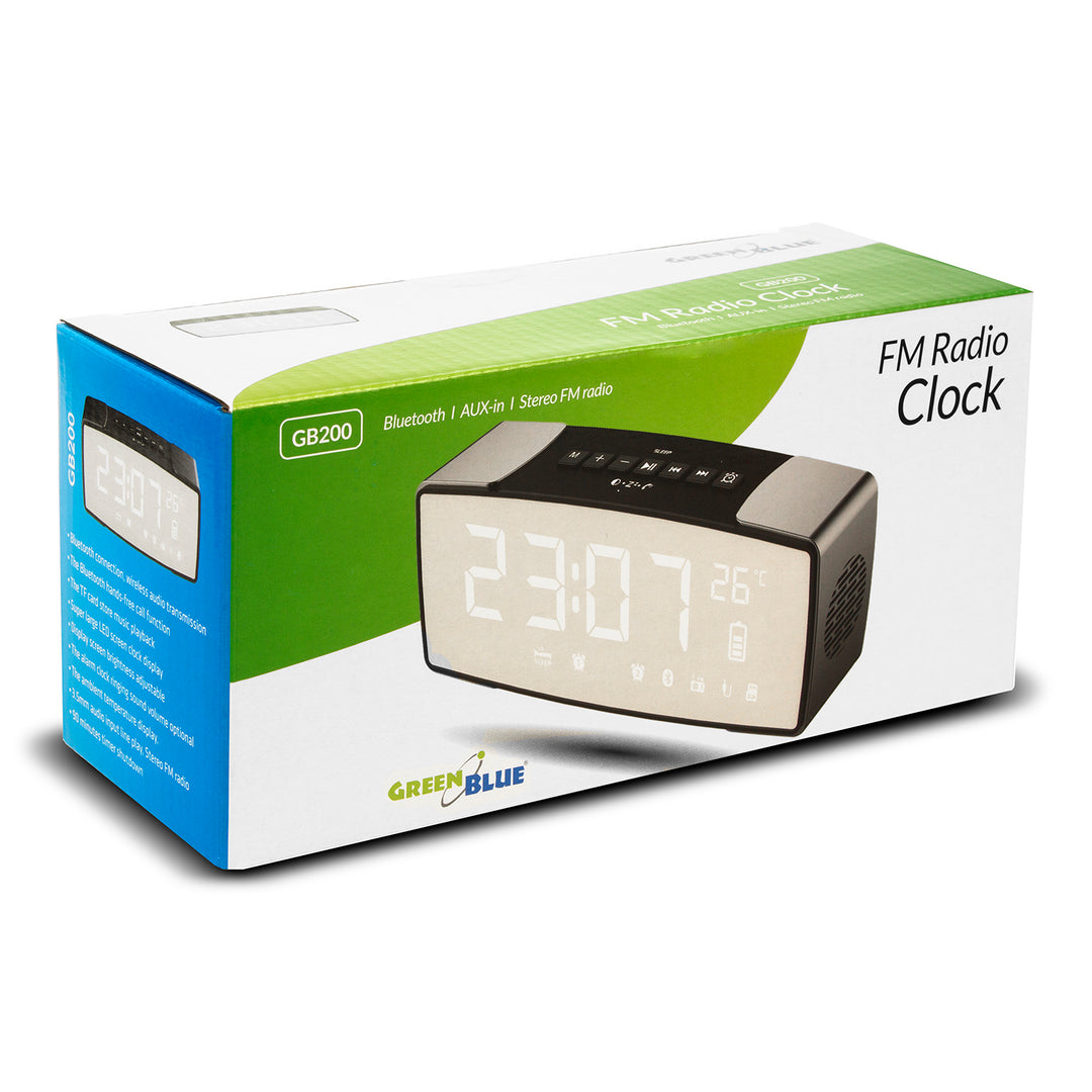 Radio reloj de 2200 mAh Bluetooth 4.2 FM, entrada auxiliar, 6 W, temperatura, alarma, reloj, batería GreenBlue GB200