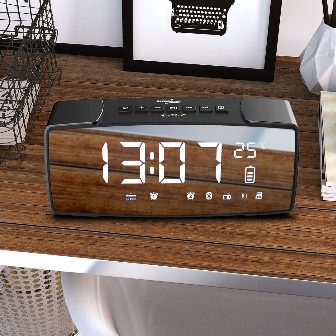 GreenBlue GB200 Bluetooth 4.2 Clock Radio, FM, Aux-in, 6W, Temperature Alarm LED Mirror Screen 2200mAh Battery