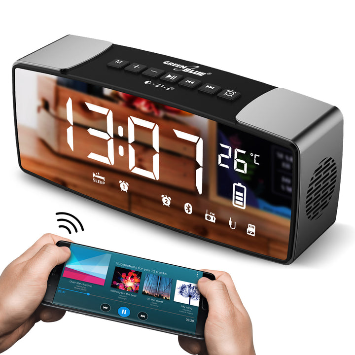 GreenBlue GB200 Bluetooth 4.2 Clock Radio, FM, Aux-in, 6W, Temperature Alarm LED Mirror Screen 2200mAh Battery