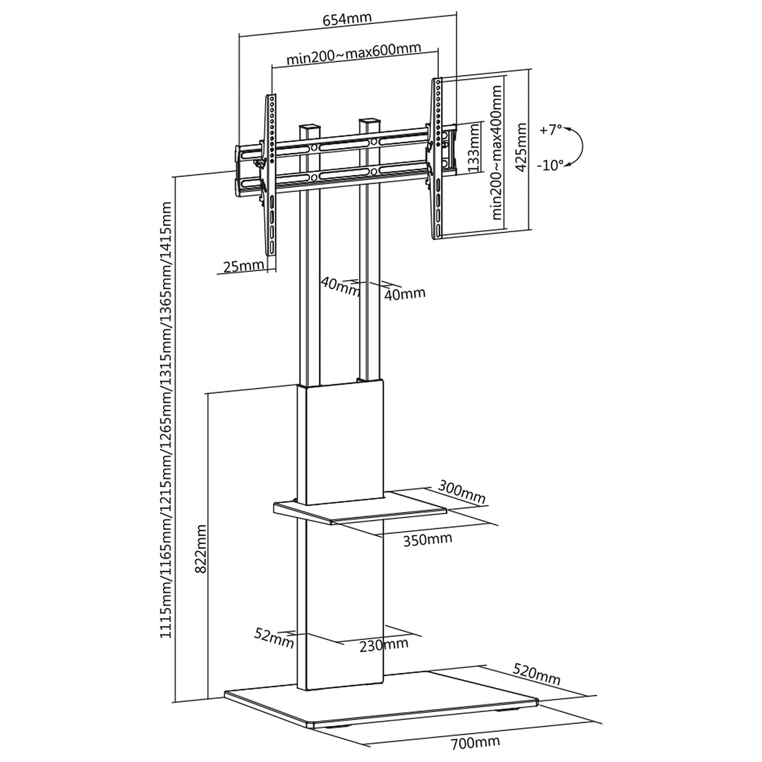 Maclean MC-865 Professional Modern TV Floor Stand with a Shelf for 37" - 70"  Screens, max load 40kg, max VESA 600x400, Adjustable height, TV Entertainment Station