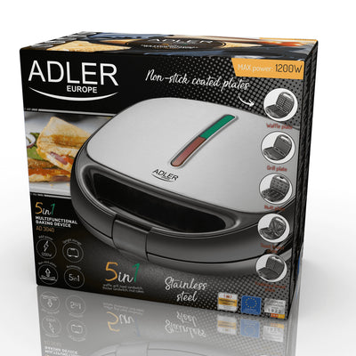 Adler AD 3040 Multifunktionale Waffel-Sandwichmaschine 1200W 5in1 Panini Oreshki Omelette Grill-Austauschbare Platten Nicht-Stick