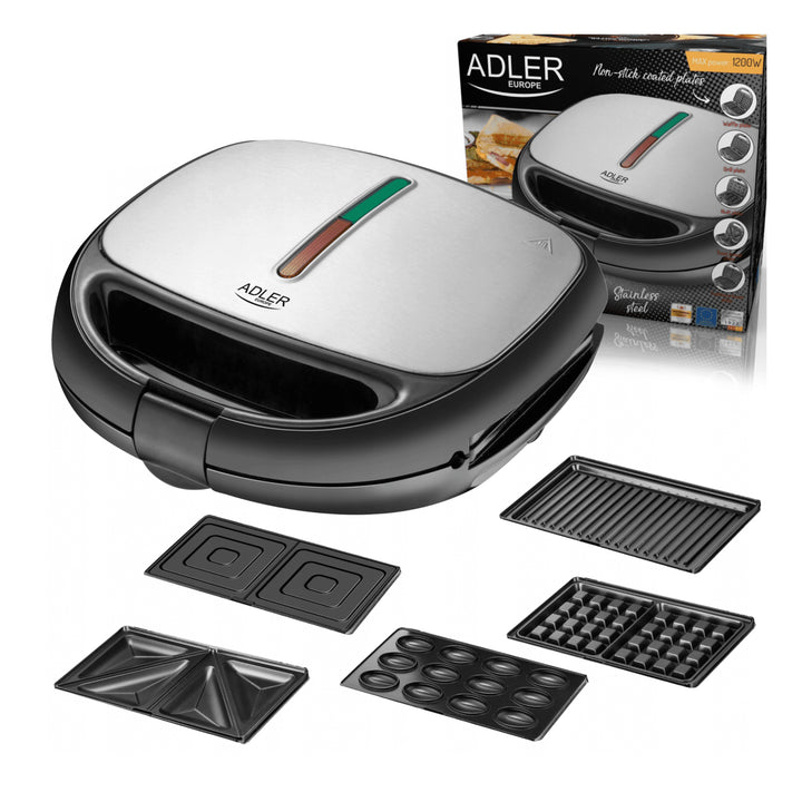 Adler AD 3040 Multifunktionaler Waffel-Sandwich-Maker, 1200 W, 5-in-1-Panini-Oreshki-Omelette-Grill, austauschbare Platten, antihaftbeschichtet