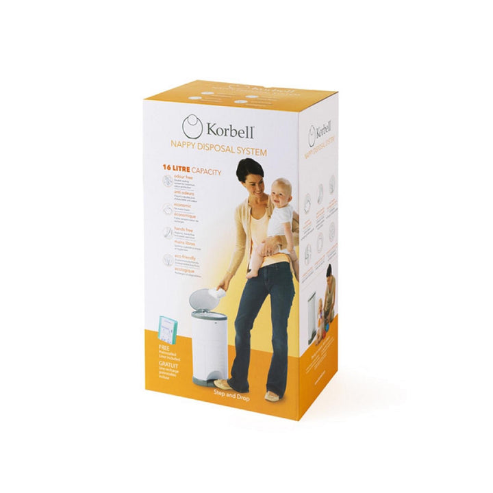 Korbell Nappy Disposal Bin System 16L Capacity Container Korbell 16L and refills + exchangeable foil insert for approx. 240 diapers in a set.