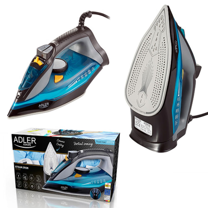 Plancha de vapor 3000W, suela cerámica, vertical, planchado en seco, apagado automático, autolimpiable, filtro antical, antigoteo Azul Adler AD5031