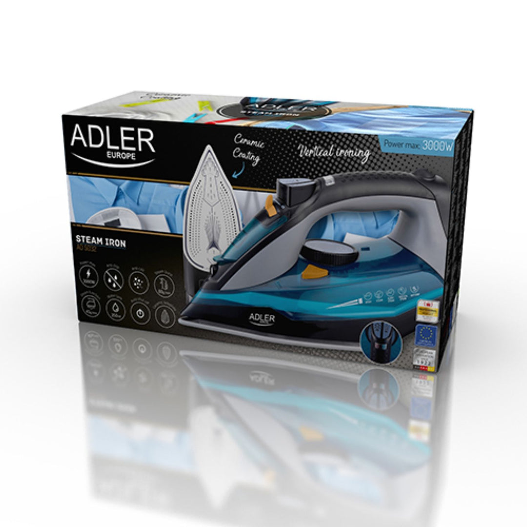 Plancha de vapor 3000W, suela cerámica, vertical, planchado en seco, apagado automático, autolimpiable, filtro antical, antigoteo Azul Adler AD5031