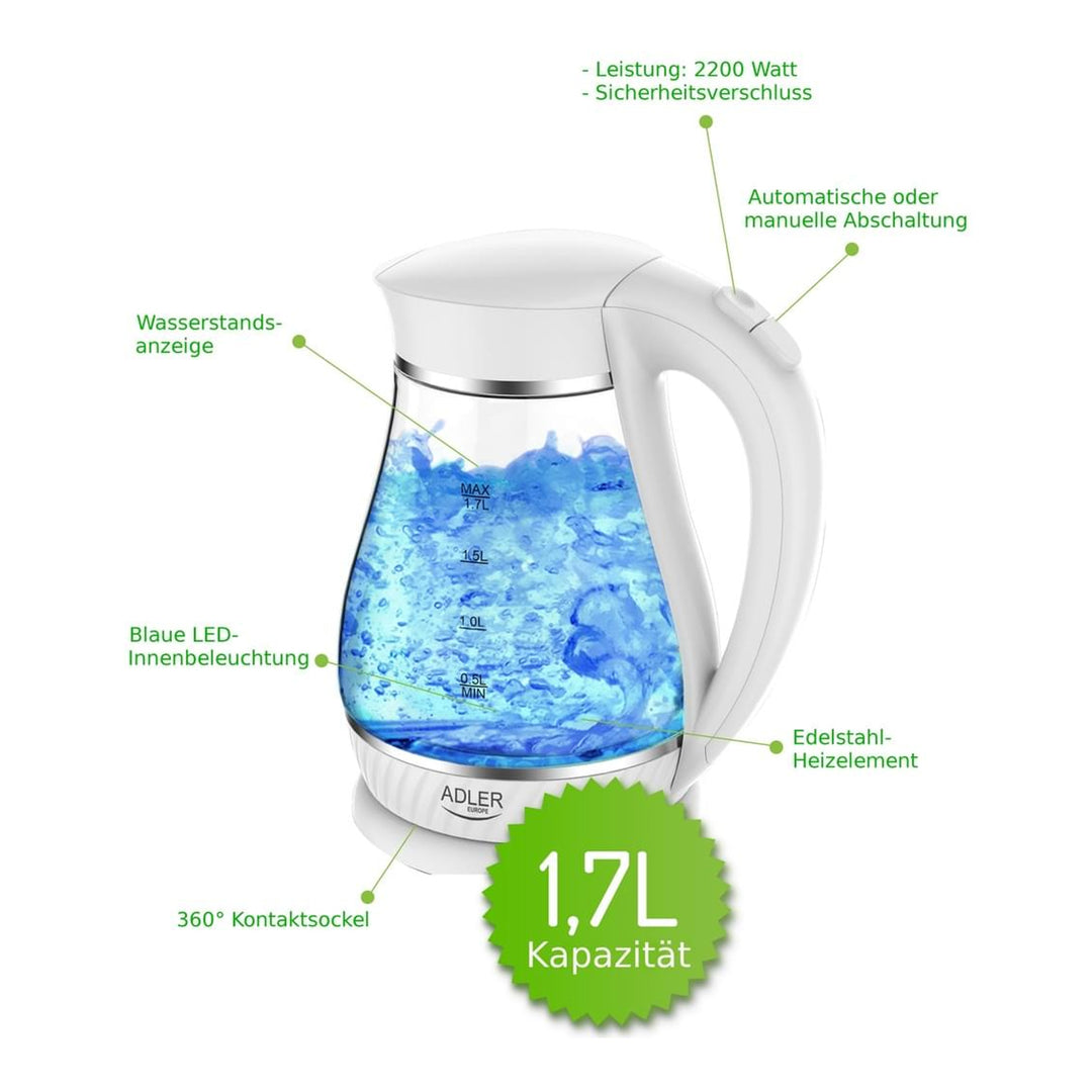 Adler AD 1274 Wasserkocher, Glas, Edelstahl, Heizung, LED-Hintergrundbeleuchtung, drehbarer Sockel, 1,7 l, 2200 W