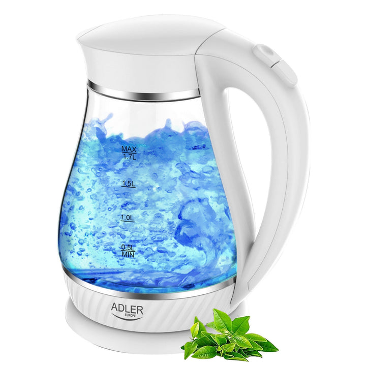 Adler AD 1274 Wasserkocher, Glas, Edelstahl, Heizung, LED-Hintergrundbeleuchtung, drehbarer Sockel, 1,7 l, 2200 W