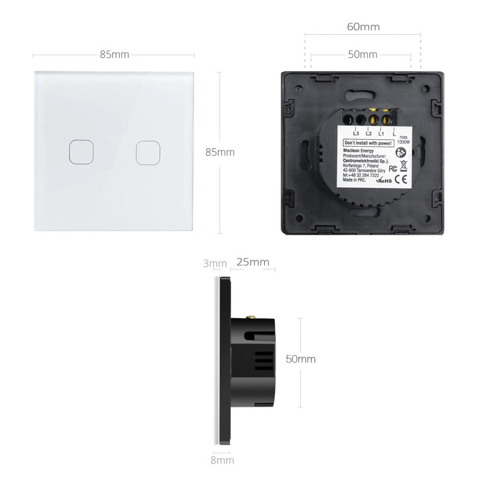 Maclean Energy MCE701W Touch-Lichtschalter, einzeln, Glas, weiß mit quadratischem Knopf, Abmessungen 86x86mm, mit Knopfbeleuchtung