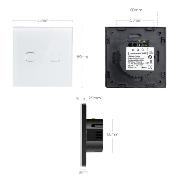 Interruptor de luz táctil, simple, vidrio, blanco con botón e iluminación de botón cuadrado, dimensiones 86x86 mm, Maclean Energy MCE701W,