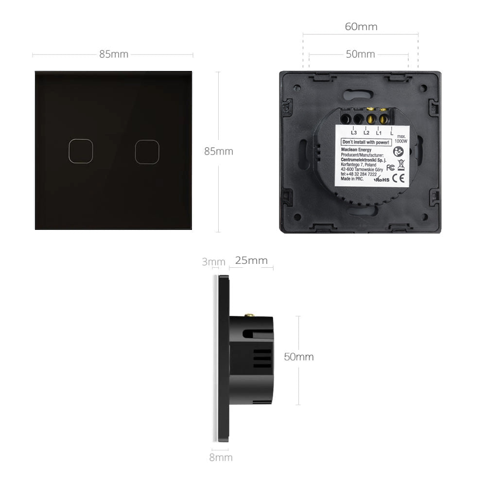 Maclean Energy MCE701B Touch light switch, single, glass, black with square button dimensions 86x86mm, with button illumination