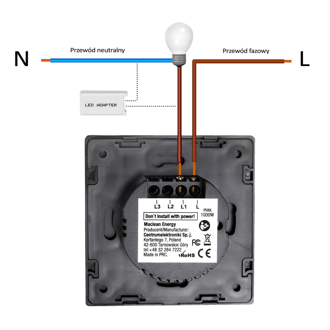 Interruptor de luz táctil, simple, vidrio, negro con botón cuadrado, dimensiones 86x86 mm, con iluminación de botónMaclean Energy MCE701B,