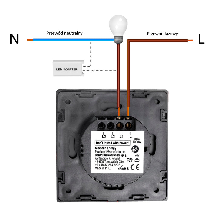 Maclean Energy MCE701B Interrupteur tactile, simple, verre, noir avec bouton carré dimensions 86x86mm, avec éclairage des boutons