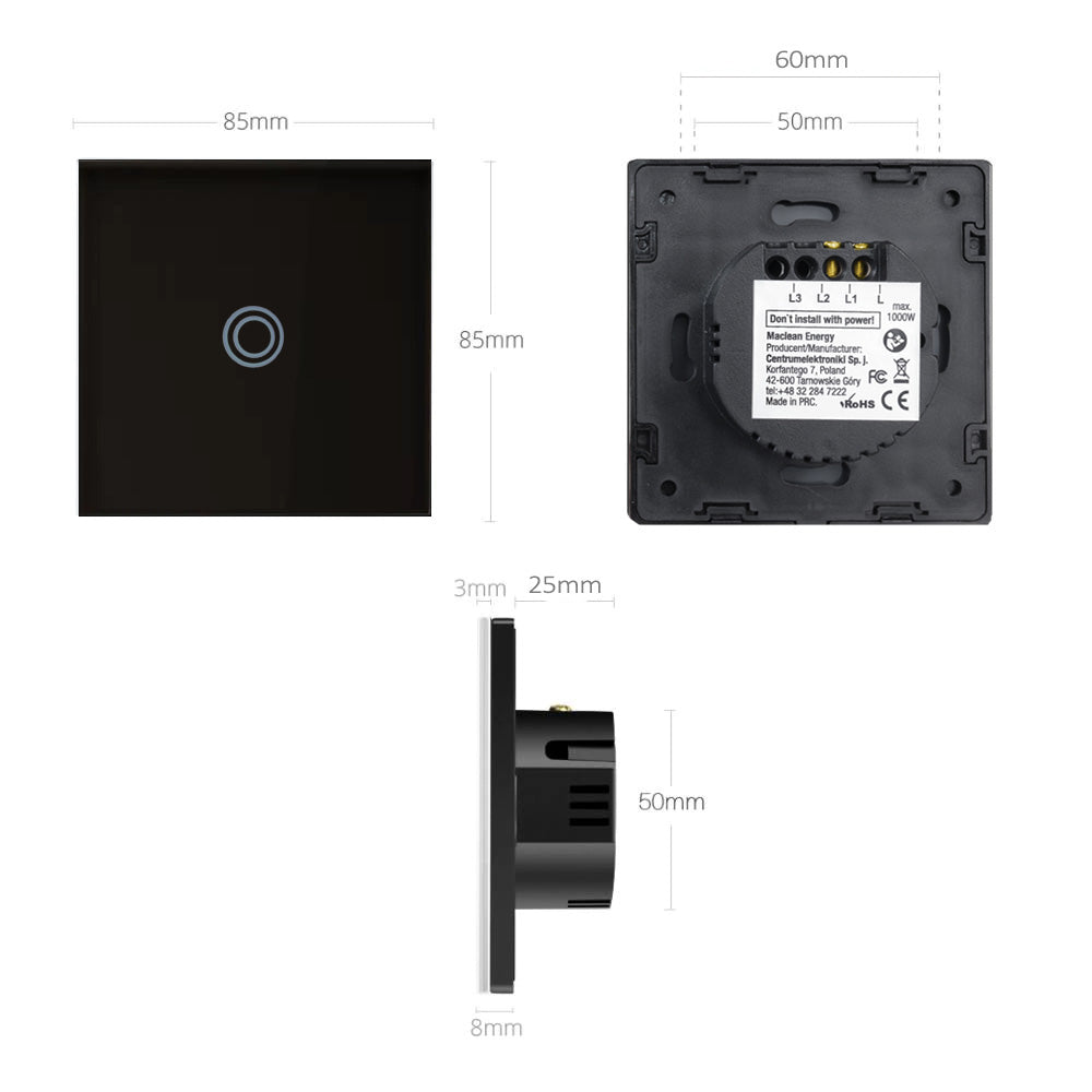 Interruptor de luz táctil, simple, vidrio, negro con botón redondo Maclean Energy MCE702B, dimensiones 86x86 mm, con iluminación de botón