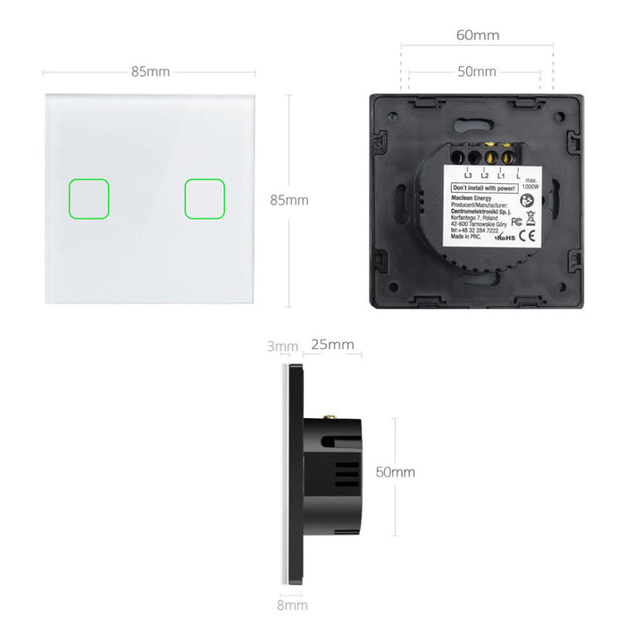 Maclean Energy MCE703W Touch lichtschakelaar, dubbel, glas, wit met vierkante knop, afmeting 86x86mm, met knopverlichting