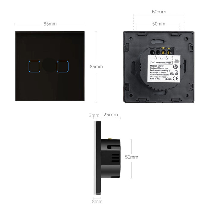 Interruptor de luz táctil, doble, vidrio, negro con botón cuadrado dimensiones 86x86 mm, con iluminación de botón Maclean Energy MCE703B